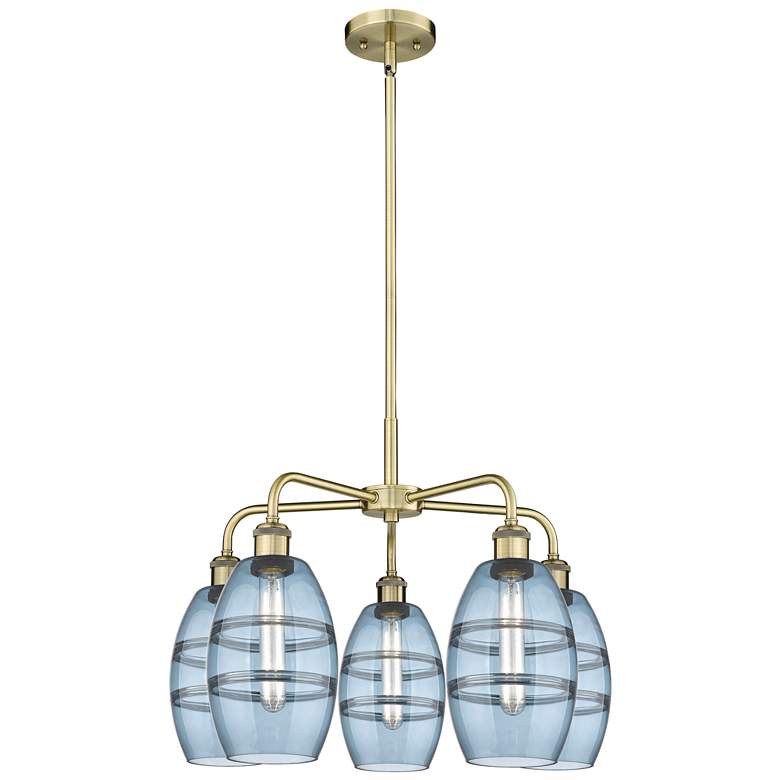 Image 1 Ballston Vaz 23.88"W 5-Light Antique Brass Stem Chandelier w/ Blue Sha