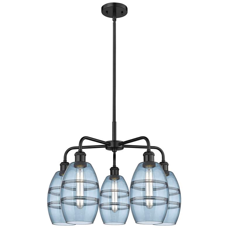 Image 1 Ballston Vaz 23.88"W 5-Light Matte Black Stem Chandelier w/ Blue Shade