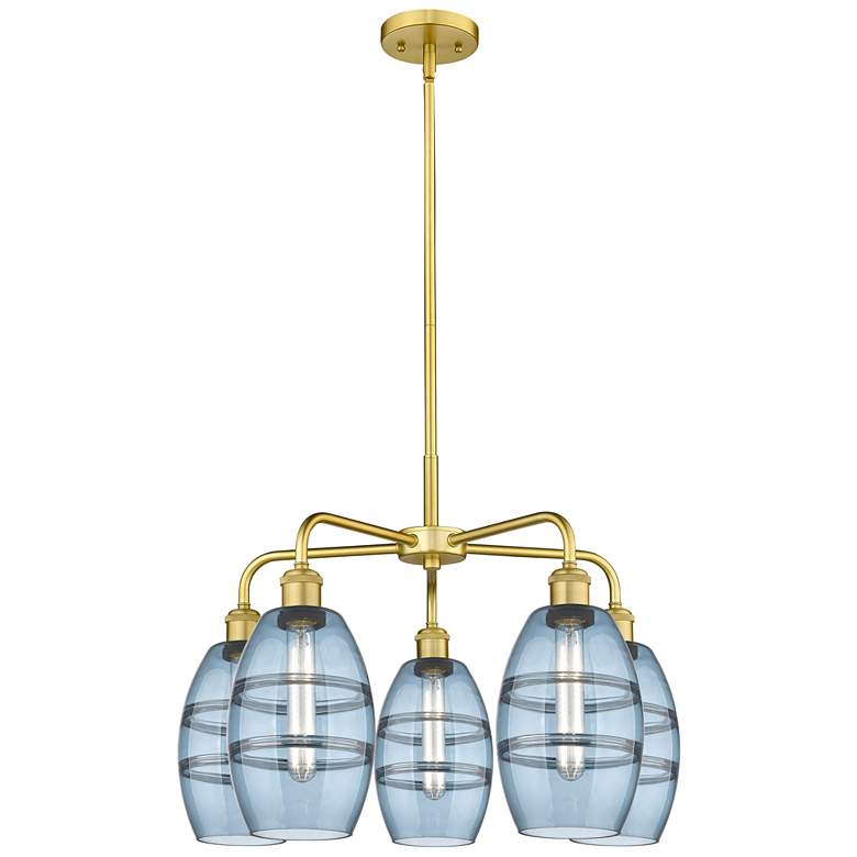 Image 1 Ballston Vaz 23.88"W 5-Light Satin Gold Stem Chandelier w/ Blue Shade