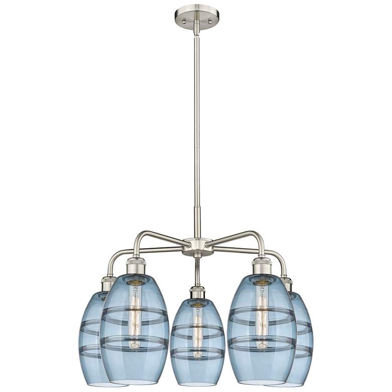Image 1 Ballston Vaz 23.88"W 5-Light Satin Nickel Stem Chandelier w/ Blue Shad