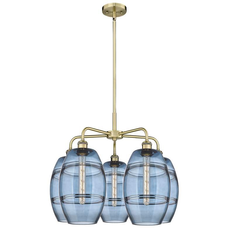 Image 1 Ballston Vaz 26"W 5-Light Antique Brass Stem Chandelier w/ Blue Shade