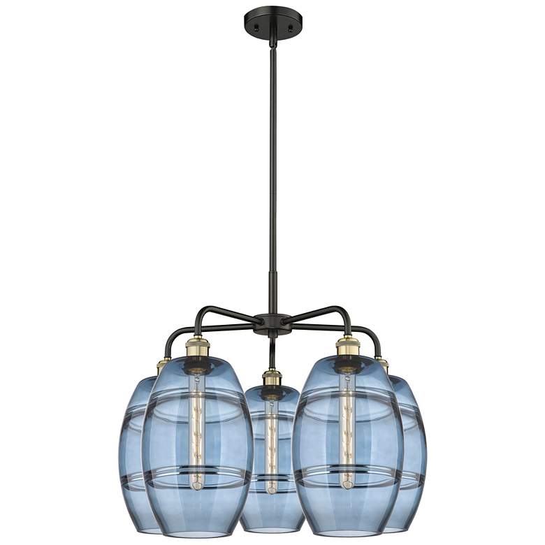 Image 1 Ballston Vaz 26"W 5-Light Black Brass Stem Chandelier w/ Blue Shade