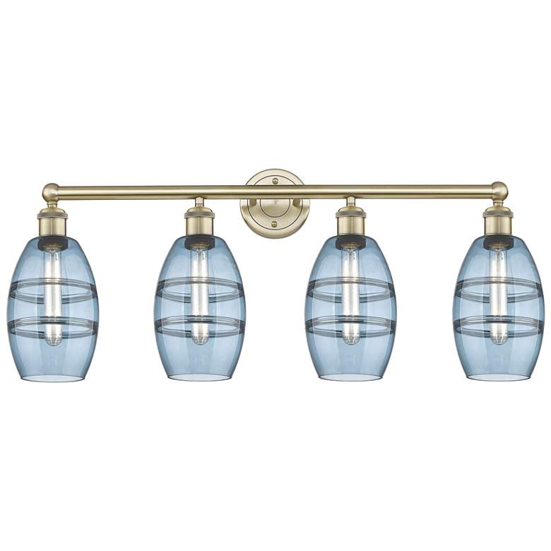 Image 1 Ballston Vaz 26"W 5-Light Black Brass Stem Chandelier w/ Blue Shade