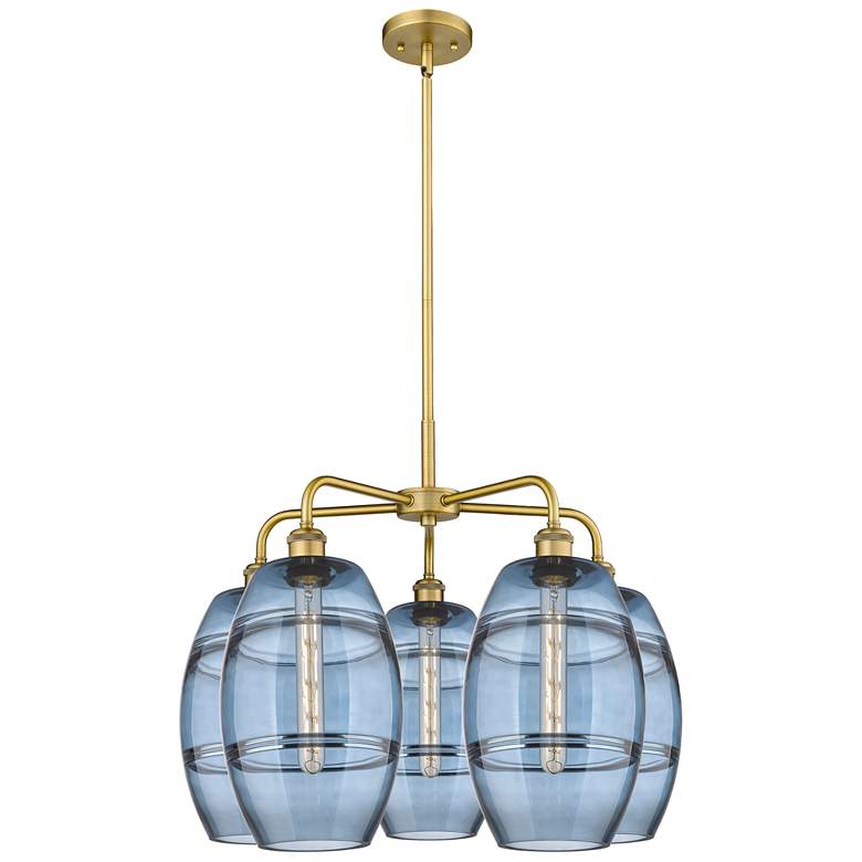 Image 1 Ballston Vaz 26"W 5-Light Brushed Brass Stem Chandelier w/ Blue Shade