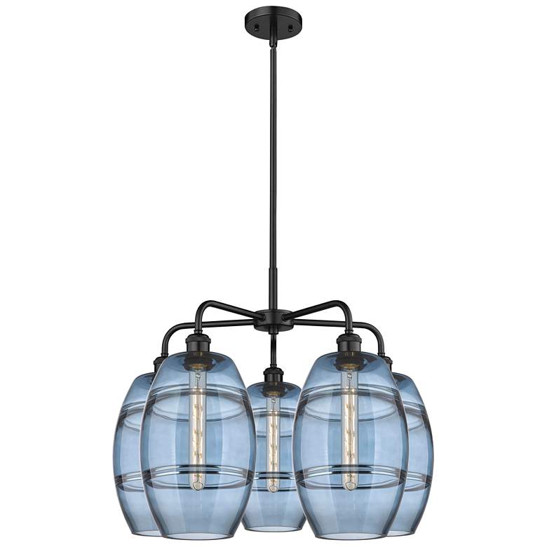 Image 1 Ballston Vaz 26"W 5-Light Matte Black Stem Chandelier w/ Blue Shade