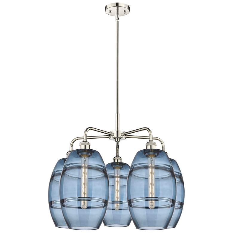 Image 1 Ballston Vaz 26"W 5-Light Polished Nickel Stem Chandelier w/ Blue Shad
