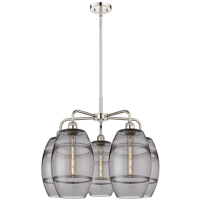 Image 1 Ballston Vaz 26"W 5-Light Polished Nickel Stem Chandelier w/ Smoke Sha