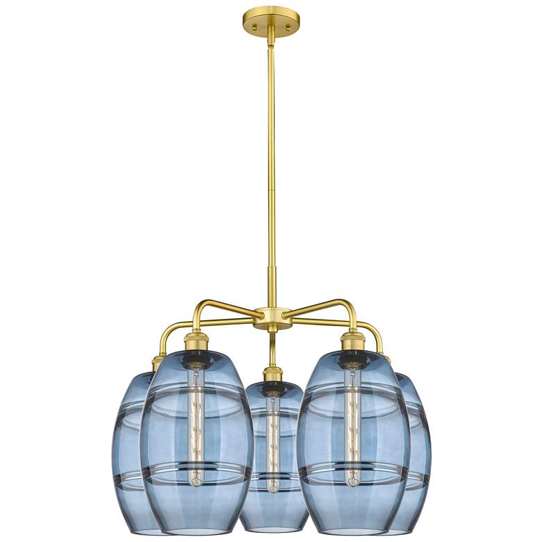 Image 1 Ballston Vaz 26"W 5-Light Satin Gold Stem Chandelier w/ Blue Shade