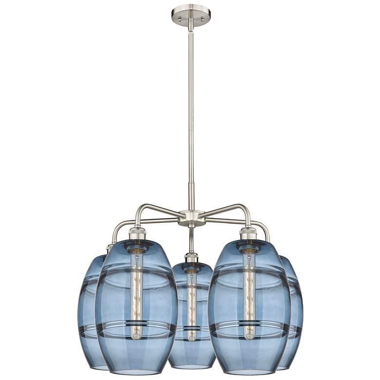Image 1 Ballston Vaz 26"W 5-Light Satin Nickel Stem Chandelier w/ Blue Shade