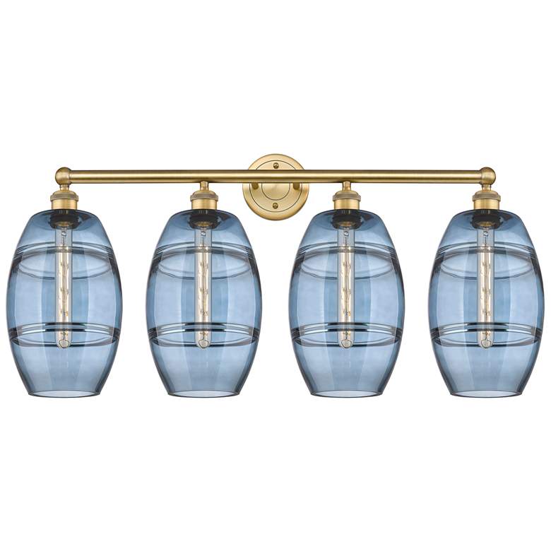 Image 1 Ballston Vaz 26"W 5-Light Satin Nickel Stem Chandelier w/ Blue Shade