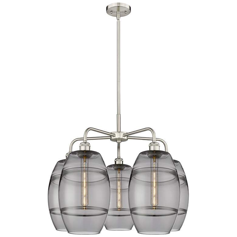 Image 1 Ballston Vaz 26"W 5-Light Satin Nickel Stem Chandelier w/ Smoke Shade