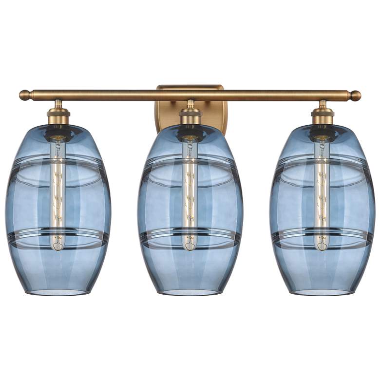 Image 1 Ballston Vaz 28"W 3 Light Brushed Brass Bath Light w/ 8" Blue Sha