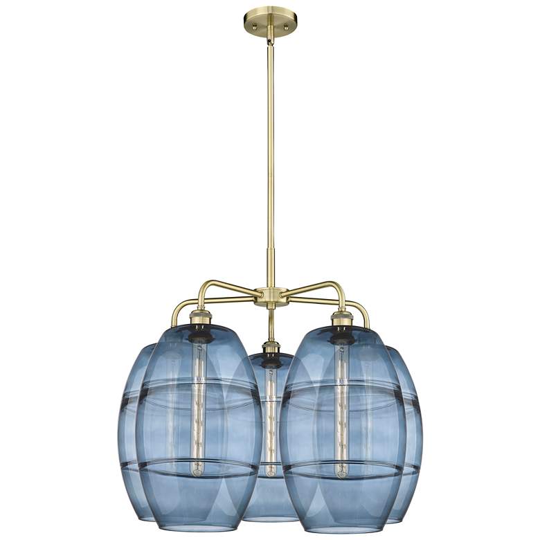 Image 1 Ballston Vaz 28"W 5-Light Antique Brass Stem Chandelier w/ Blue Shade