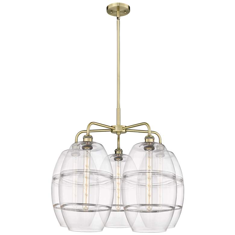 Image 1 Ballston Vaz 28"W 5-Light Antique Brass Stem Chandelier w/ Clear Shade