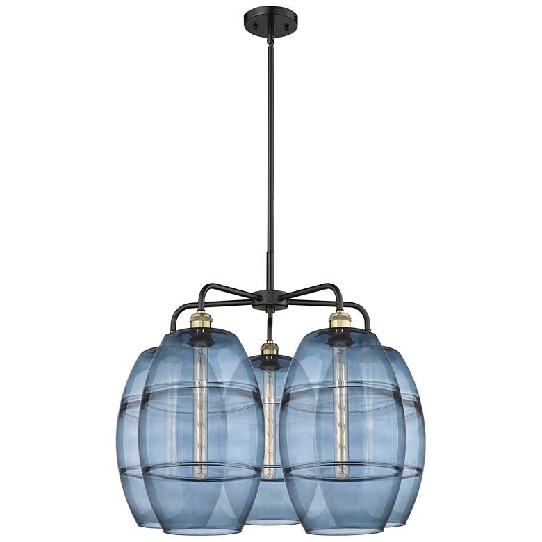 Image 1 Ballston Vaz 28"W 5-Light Black Brass Stem Chandelier w/ Blue Shade