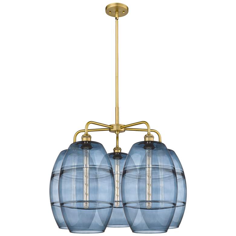 Image 1 Ballston Vaz 28"W 5-Light Brushed Brass Stem Chandelier w/ Blue Shade