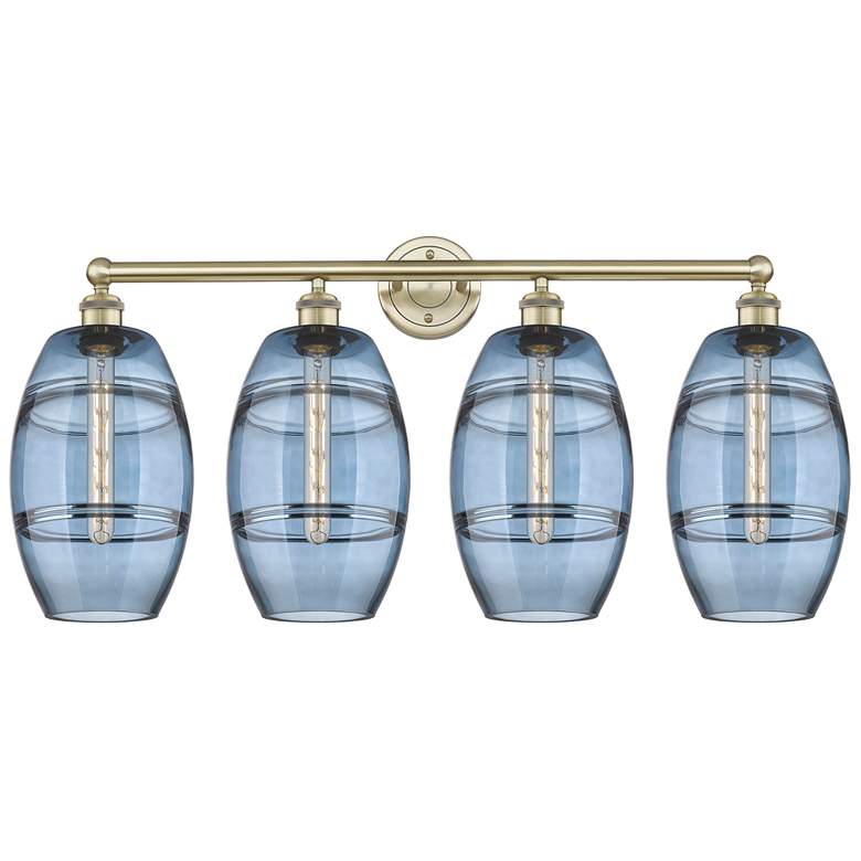 Image 1 Ballston Vaz 28"W 5-Light Brushed Brass Stem Chandelier w/ Blue Shade