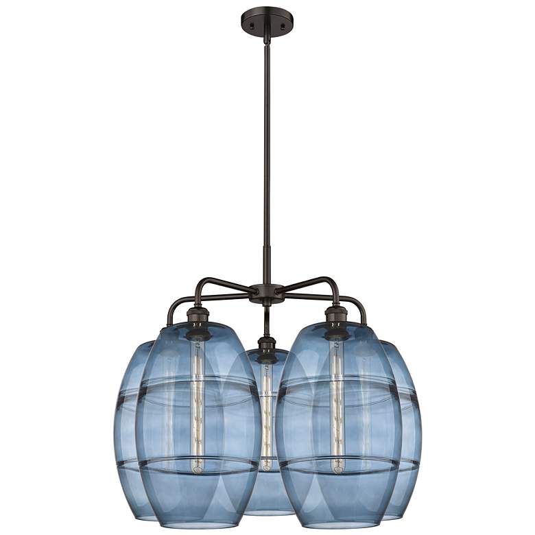 Image 1 Ballston Vaz 28"W 5-Light Oiled Bronze Stem Chandelier w/ Blue Shade
