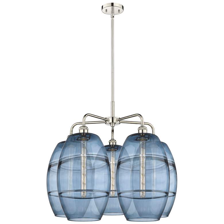 Image 1 Ballston Vaz 28"W 5-Light Polished Nickel Stem Chandelier w/ Blue Shad