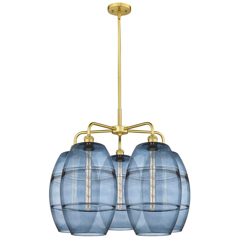 Image 1 Ballston Vaz 28"W 5-Light Satin Gold Stem Chandelier w/ Blue Shade