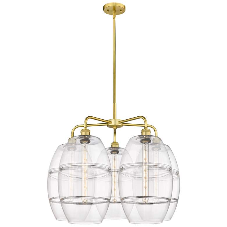 Image 1 Ballston Vaz 28"W 5-Light Satin Gold Stem Chandelier w/ Clear Shade