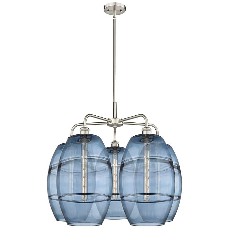 Image 1 Ballston Vaz 28"W 5-Light Satin Nickel Stem Chandelier w/ Blue Shade