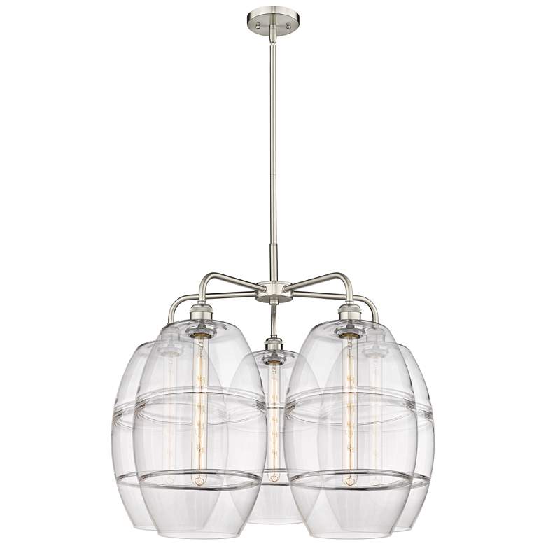 Image 1 Ballston Vaz 28"W 5-Light Satin Nickel Stem Chandelier w/ Clear Shade