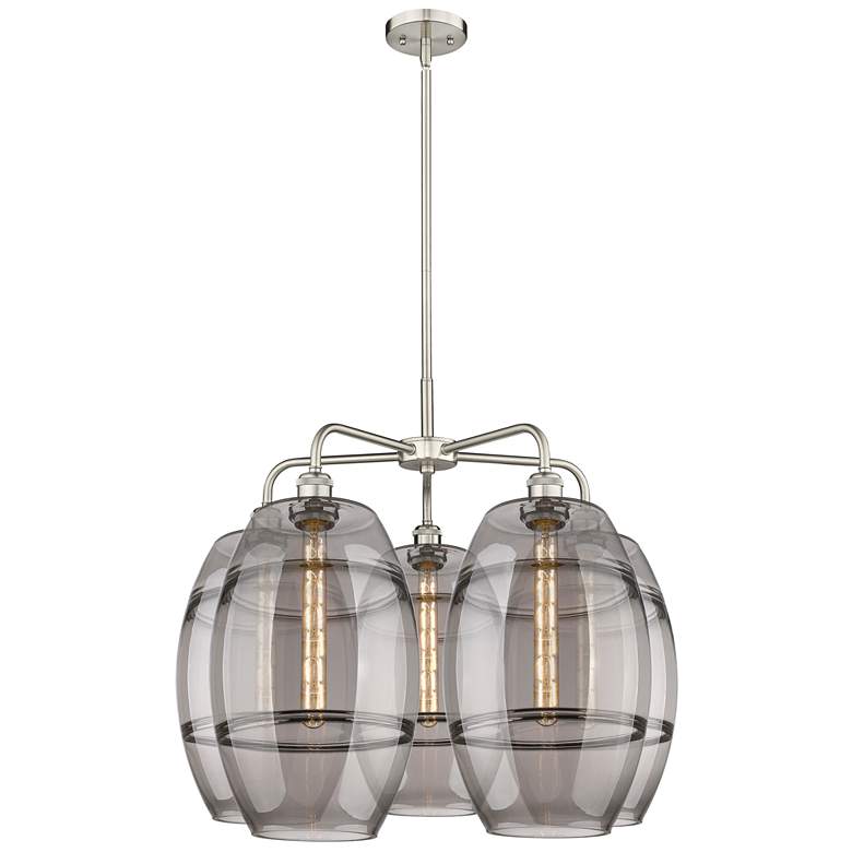 Image 1 Ballston Vaz 28"W 5-Light Satin Nickel Stem Chandelier w/ Smoke Shade