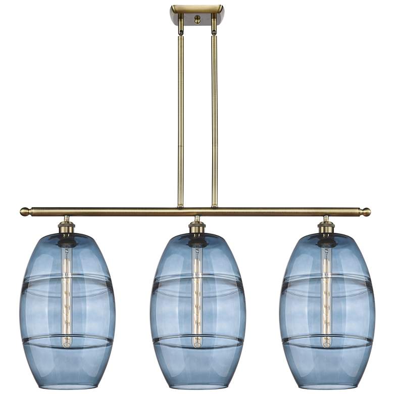 Image 1 Ballston Vaz 36.5"W 3-Light Antique Brass Stem Island Light w/ Blue Sh