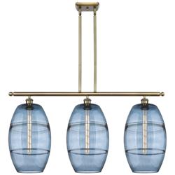 Ballston Vaz 36.5"W 3-Light Antique Brass Stem Island Light w/ Blue Sh