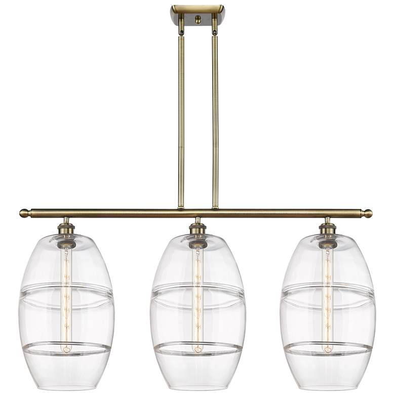 Image 1 Ballston Vaz 36.5"W 3-Light Antique Brass Stem Island Light w/ Clear S