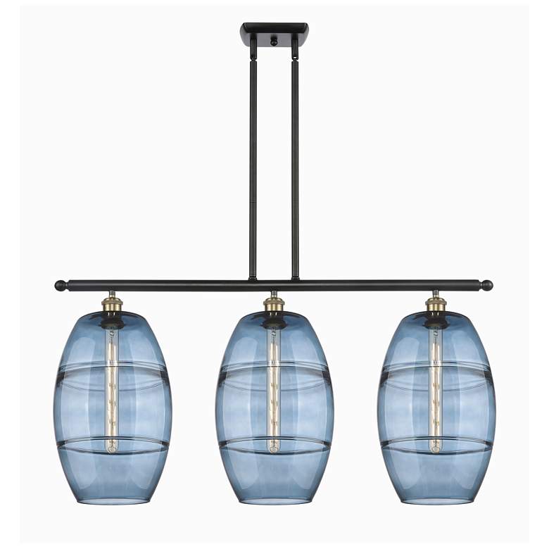 Image 1 Ballston Vaz 36.5"W 3-Light Black Brass Stem Island Light w/ Blue Shad