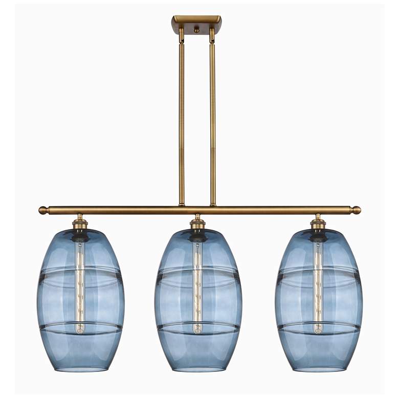 Image 1 Ballston Vaz 36.5"W 3-Light Brushed Brass Stem Island Light w/ Blue Sh