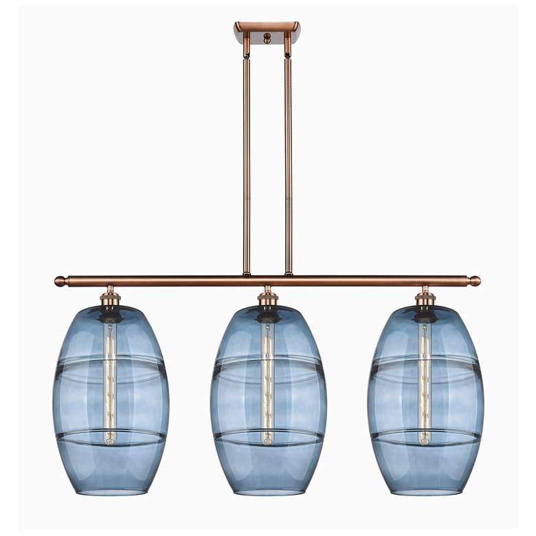 Image 1 Ballston Vaz 36.5"W 3-Light Copper Stem Island Light w/ Blue Shade