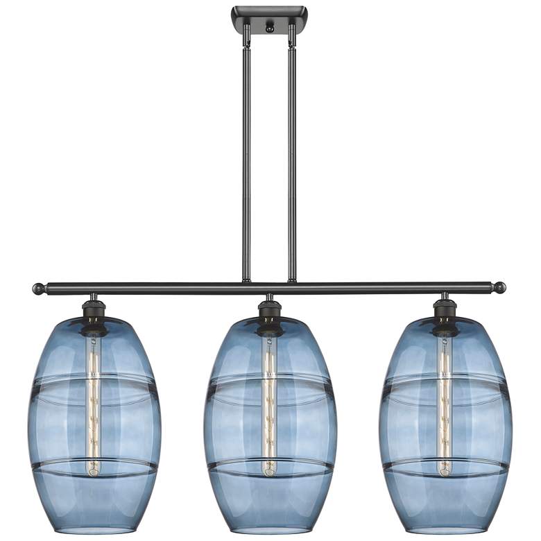 Image 1 Ballston Vaz 36.5"W 3-Light Oiled Bronze Stem Island Light w/ Blue Sha