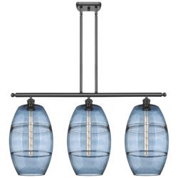 Ballston Vaz 36.5"W 3-Light Oiled Bronze Stem Island Light w/ Blue Sha