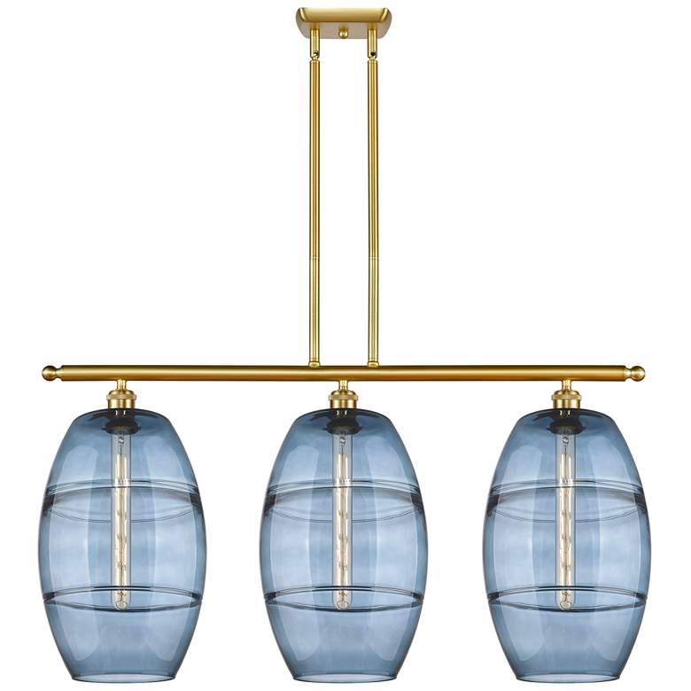 Image 1 Ballston Vaz 36.5"W 3-Light Satin Gold Stem Island Light w/ Blue Shade