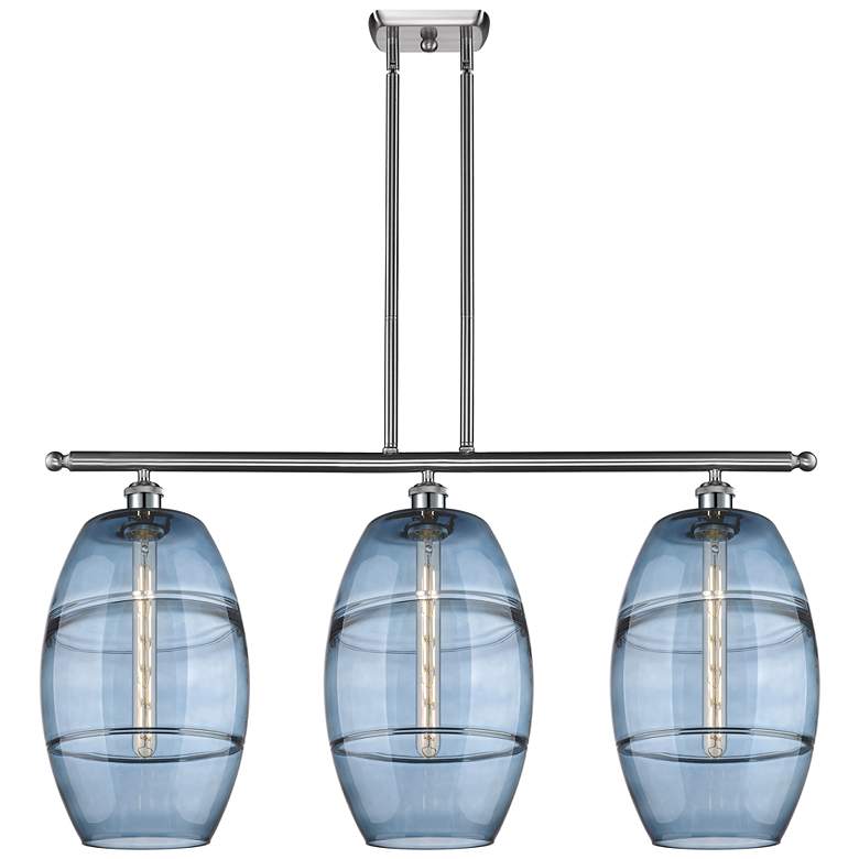 Image 1 Ballston Vaz 36.5"W 3-Light Satin Nickel Stem Island Light w/ Blue Sha