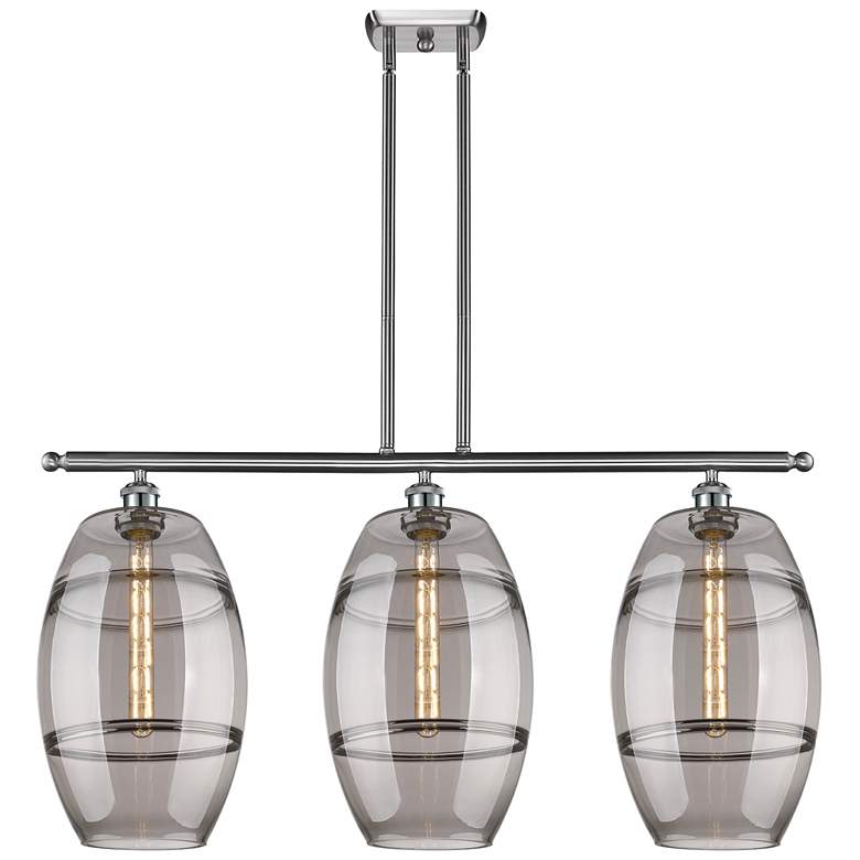 Image 1 Ballston Vaz 36.5"W 3-Light Satin Nickel Stem Island Light w/ Smoke Sh