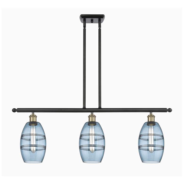 Image 1 Ballston Vaz 36"W 3-Light Black Brass Stem Island Light w/ 6" Blu
