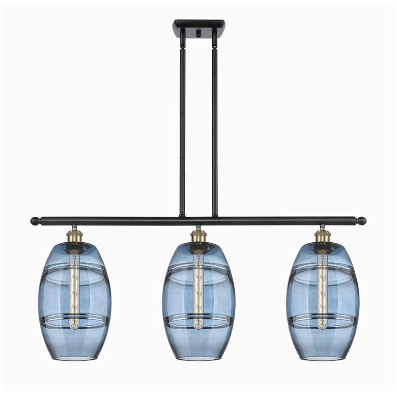 Image 1 Ballston Vaz 36"W 3-Light Black Brass Stem Island Light w/ 8" Blu