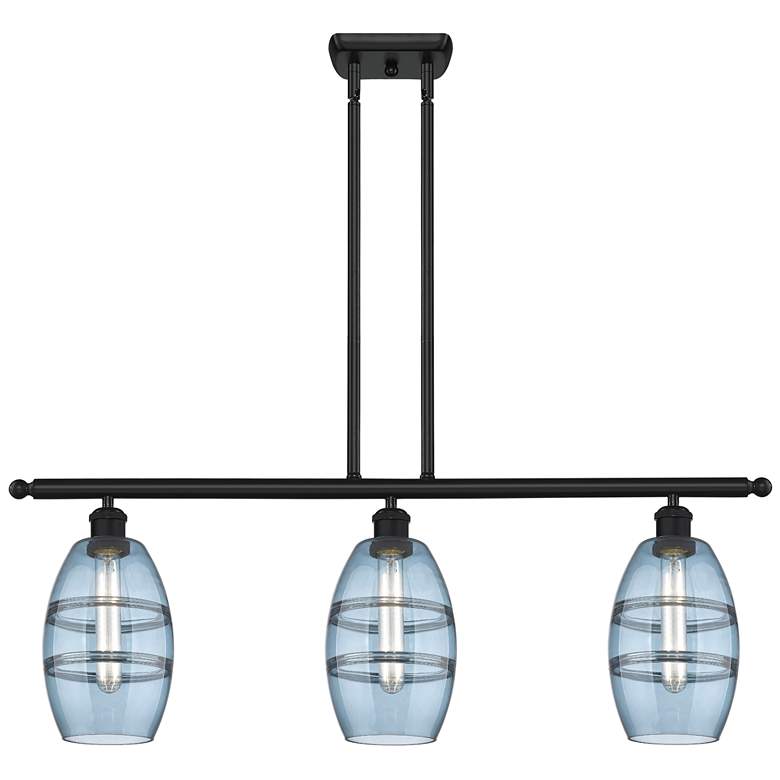 Image 1 Ballston Vaz 36"W 3-Light Black Stem Island Light w/ 6" Blue Shad