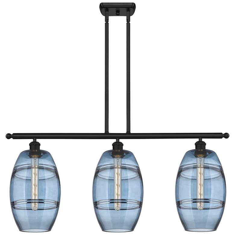 Image 1 Ballston Vaz 36"W 3-Light Black Stem Island Light w/ 8" Blue Shad