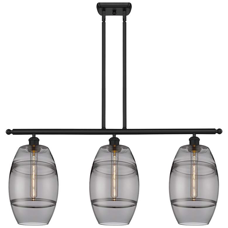 Image 1 Ballston Vaz 36"W 3-Light Black Stem Island Light w/ 8" Smoke Sha
