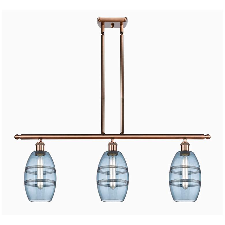 Image 1 Ballston Vaz 36"W 3-Light Copper Stem Island Light w/ 6" Blue Sha