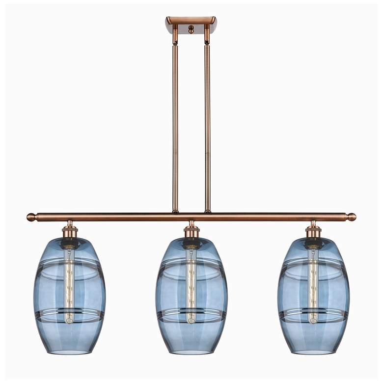 Image 1 Ballston Vaz 36"W 3-Light Copper Stem Island Light w/ 8" Blue Sha