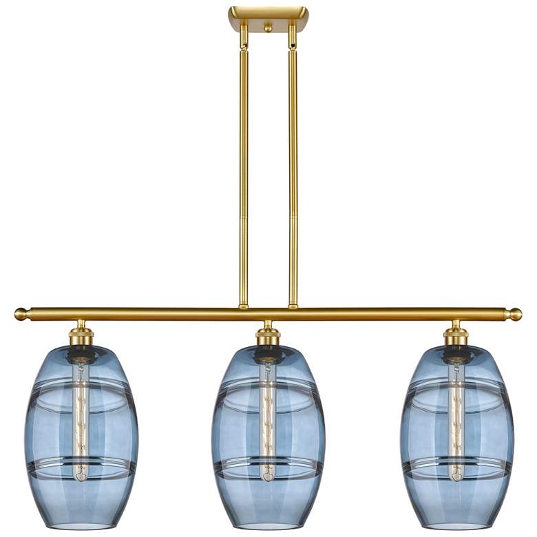Image 1 Ballston Vaz 36"W 3-Light Gold Stem Island Light w/ 8" Blue Shade