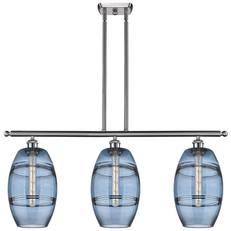 Image 1 Ballston Vaz 36"W 3-Light Satin Nickel Stem Island Light w/ 8" Bl