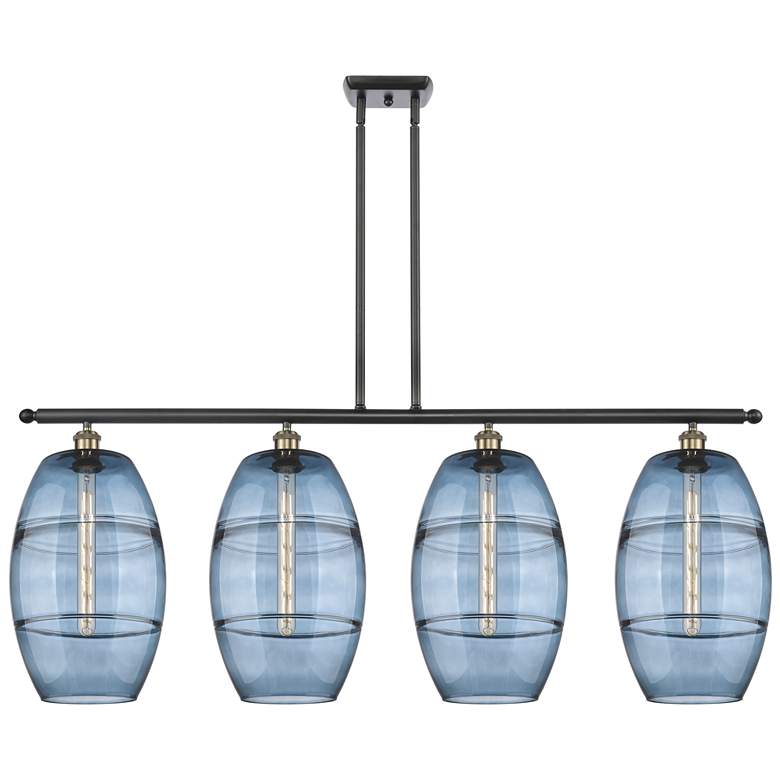 Image 1 Ballston Vaz 48.25"W 4-Light Black Brass Stem Island Light w/ Blue Sha