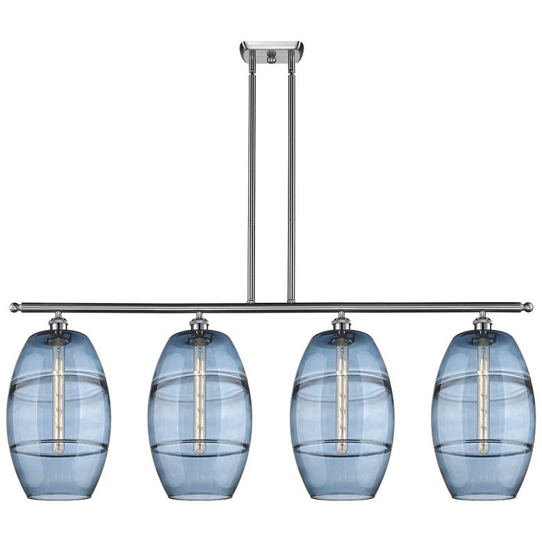 Image 1 Ballston Vaz 48.25"W 4-Light Satin Nickel Stem Island Light w/ Blue Sh